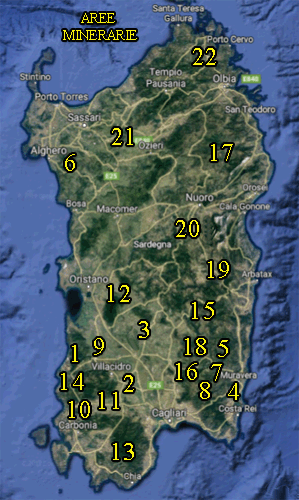 cartina della Sardegna che illustra le zone minerarie presenti nel sito